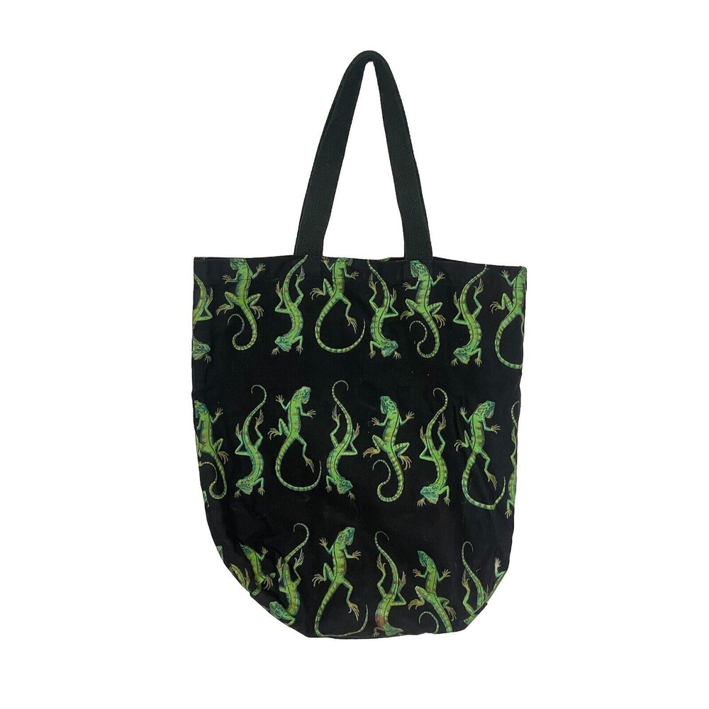 Vintage Iguana Colorful Print Tote Bag Black Faded 16"x15"